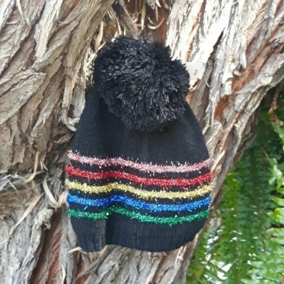 BETSY JOHNSON BLACK RAINBOW STRIPE POMPOM HAT $28. Nwt - Picture 4 of 8